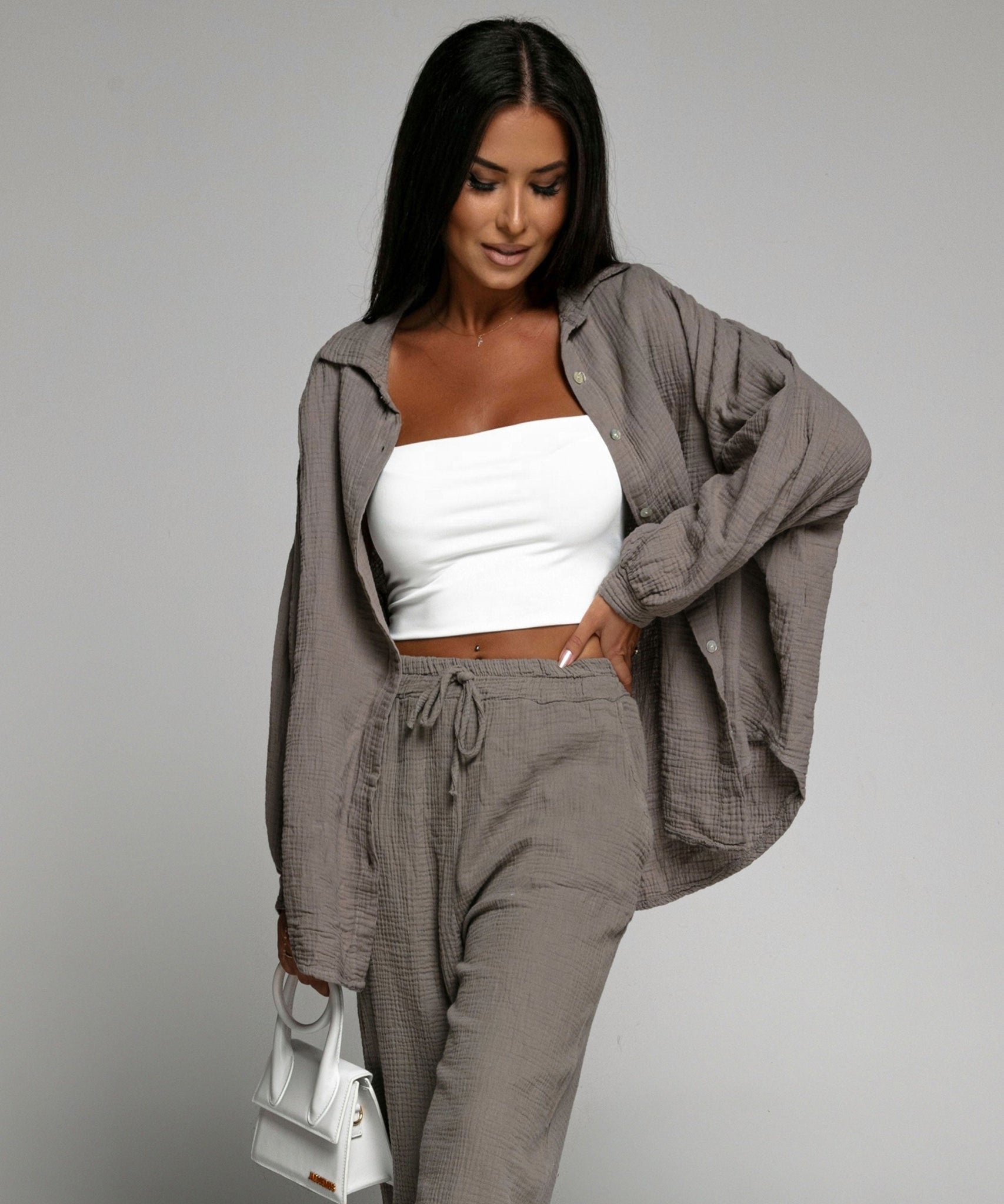 Oversize Musselin Bluse Freya Taupe Kurz