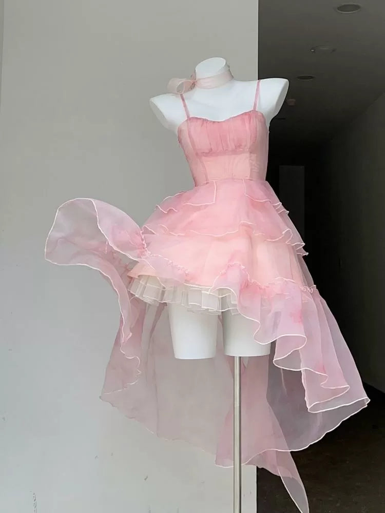 Noémie™- Sakura Rosa Hoch Tief Rock Kleid Flounce (50% RABATT)